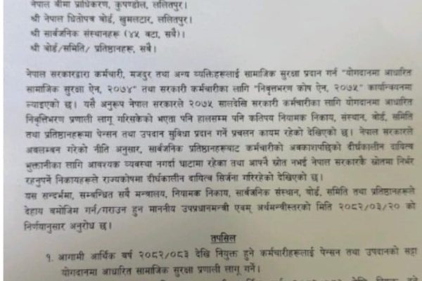 आर्थिक वर्ष २०८२/८३ देखि नियुक्त हुने कर्मचारीहरुले पेन्सन वा उपदान नपाउने ।